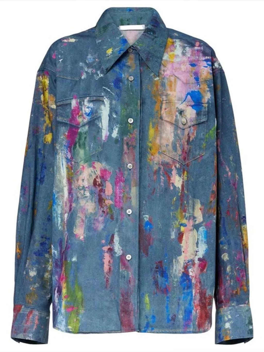 Artistic painted long sleeve denim shirt by Plush Fashion Hub featuring colorful hand-painted designs on classic blue denim.