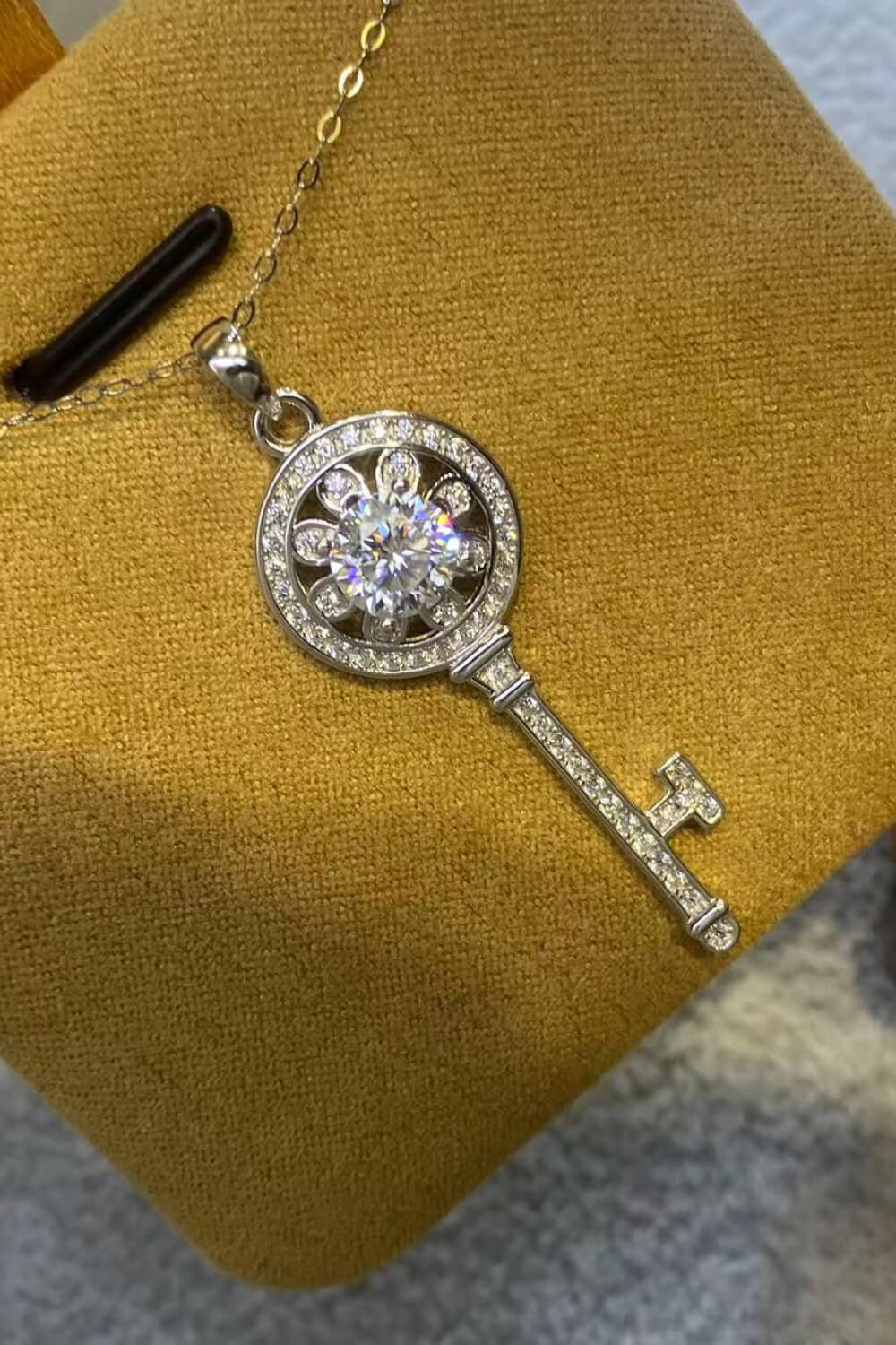 1 Carat Moissanite platinum-plated key pendant necklace with sparkling gemstone and intricate design, jewelry by Shopimist