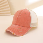Distressed washed mesh baseball cap with frayed edges, unisex design, perfect for outdoor and daily wear by Plush Fashion Hub.