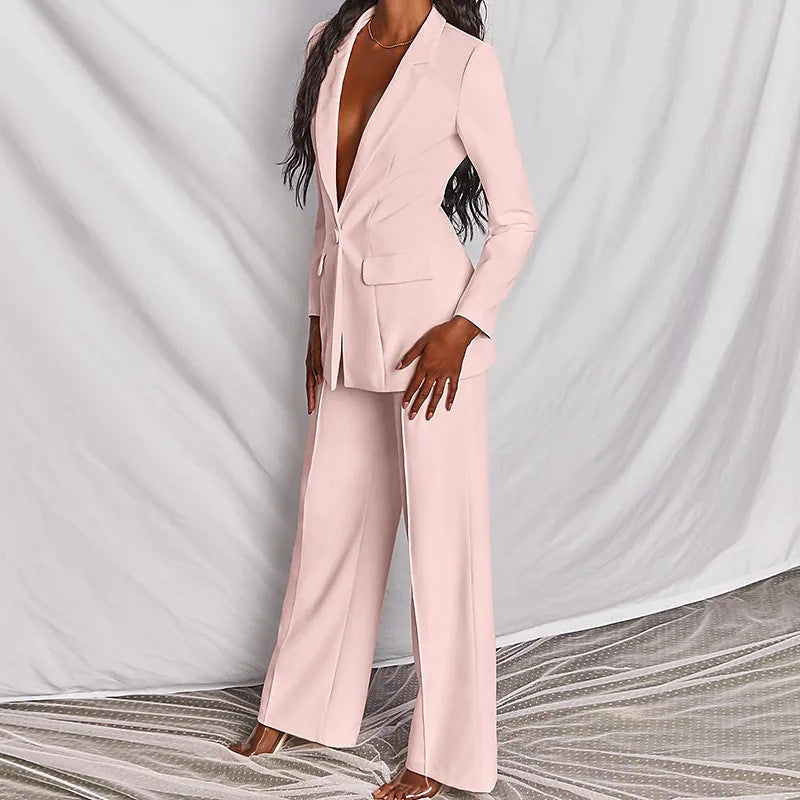 FitiqueFit two-piece blazer and straight-leg trousers suit, featuring a lapel button-down blazer and matching tailored trousers.