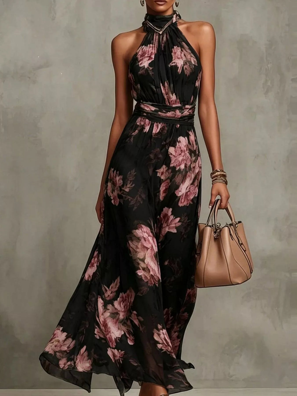 Plus size floral print sleeveless maxi dress from Trendsi, featuring a full-length design with vibrant floral patterns.