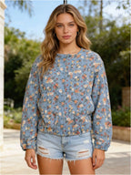 Floral print zip-up denim jacket from Plush Fashion Hub, styled as a casual tank top with colorful floral patterns and denim fabric.