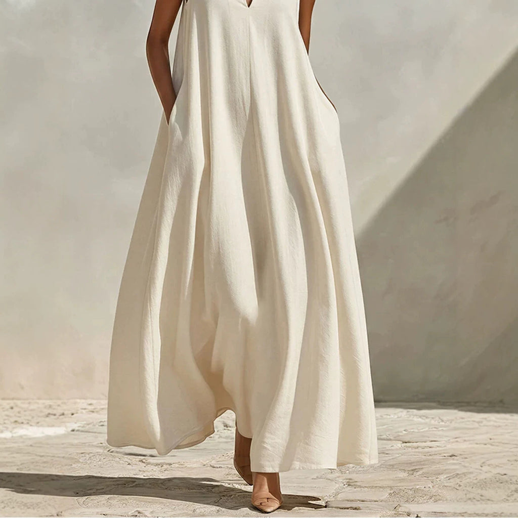 Linen blend sleeveless maxi dress with stand collar in five colors, available in sizes S to 3XL, by FitiqueFit.