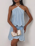 Contrast trim halter neck top and skirt set by Shopimist, featuring stylish design and vibrant colors.