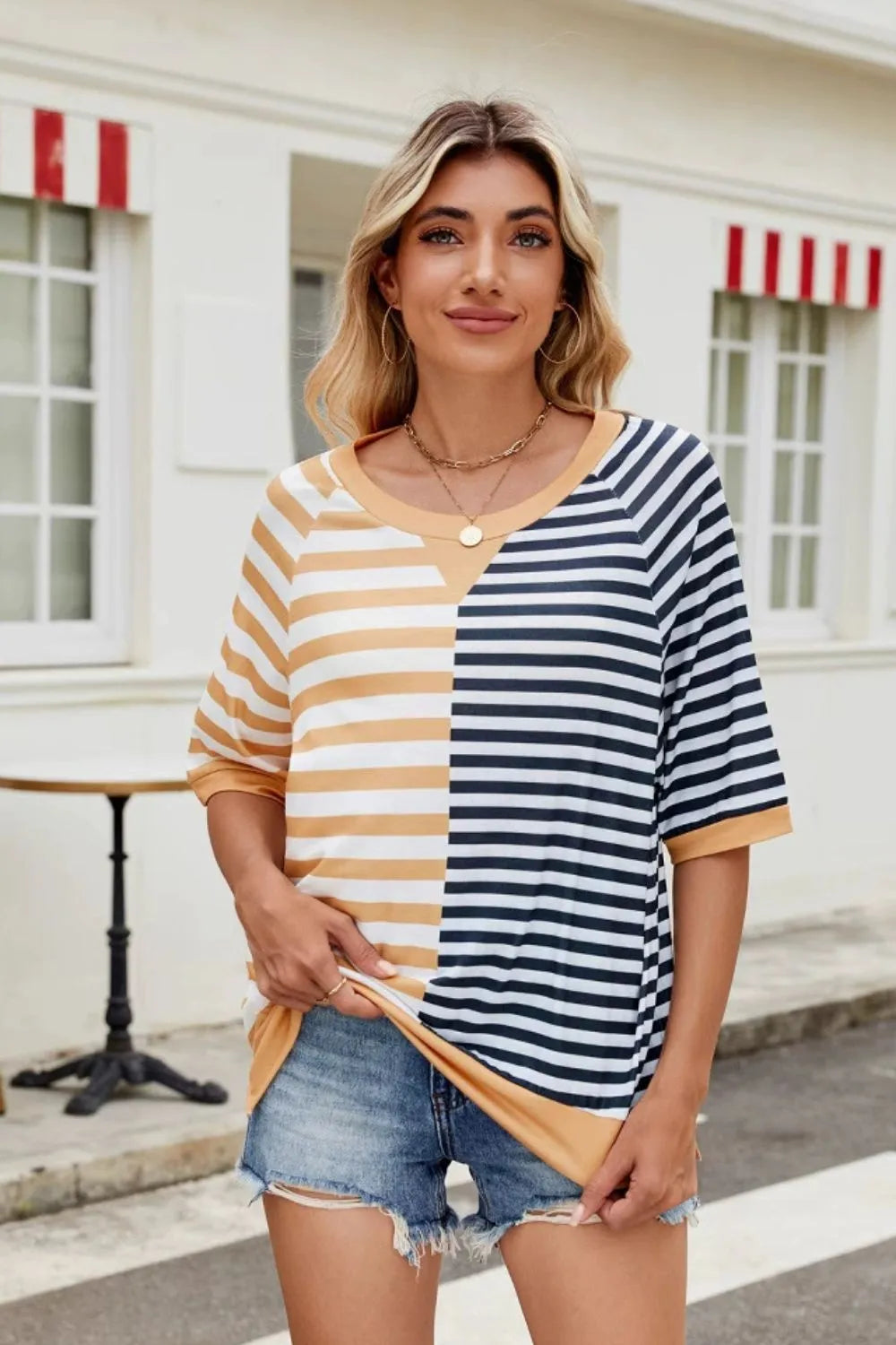 Striped round neck half sleeve T-shirt from Trendsi, casual tops with a classic design and comfortable fit.