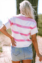 Lightweight knitted summer short sleeve sweater by Threaded Pear with a breathable, casual design.