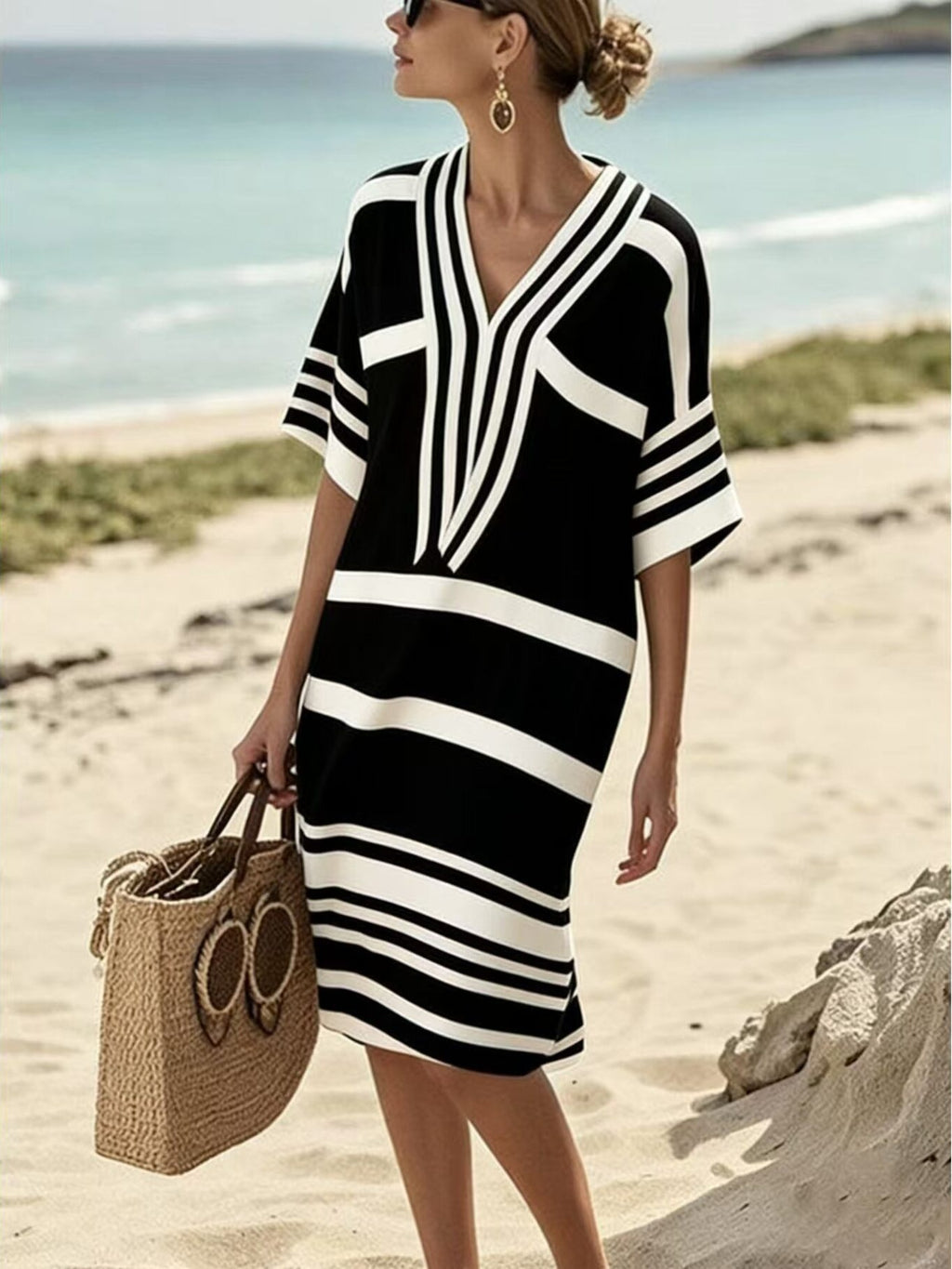 Plus size women's striped half-sleeve midi dress by Plush Fashion Hub, casual chic design for everyday wear.