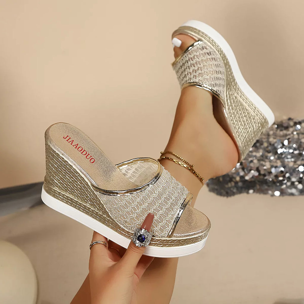 Shopimist open toe wedge sandals with tan straps and cork wedge heel, stylish summer footwear for casual and outdoor wear.