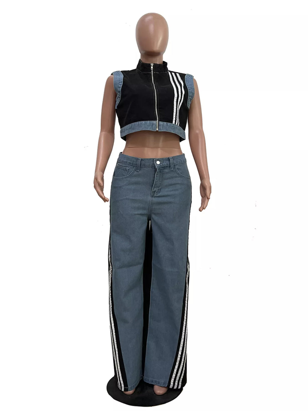 Zip front crop top and striped pants set by Shopimist, featuring a stylish crop top with a front zipper and matching striped pants.
