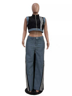 Zip front crop top and striped pants set by Shopimist, featuring a stylish crop top with a front zipper and matching striped pants.