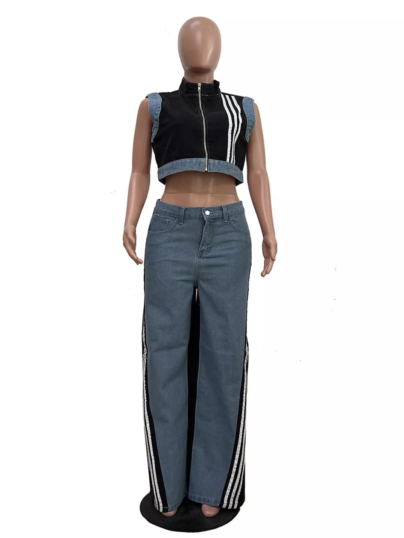 Zip front crop top and striped pants set by Shopimist, featuring a stylish crop top with a front zipper and matching striped pants.