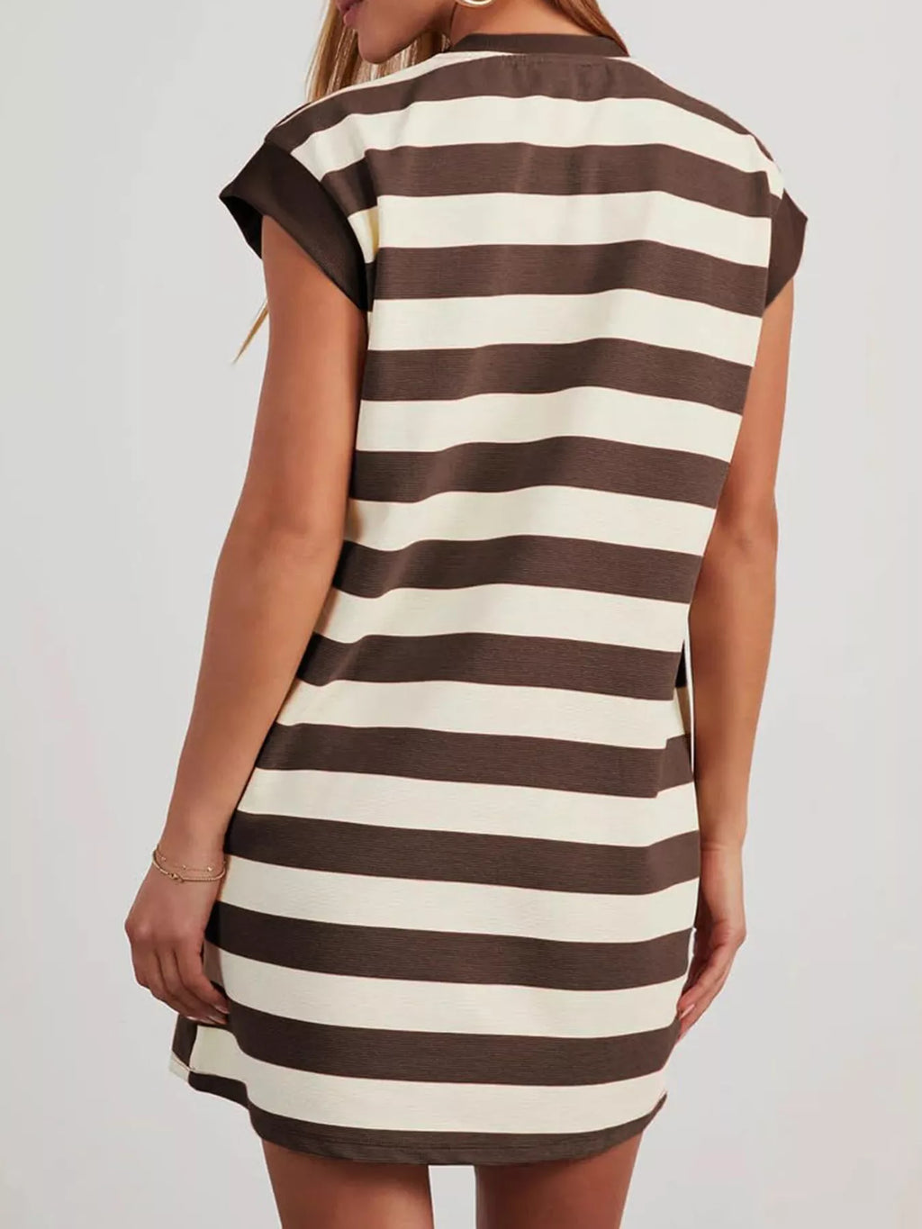Plus size casual striped short sleeve mini dress by Trendsi, featuring a full-size, comfortable fit and stylish design.