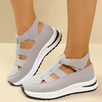Shopimist cutout round toe platform sandals showing beige straps and chunky sole on a neutral background.