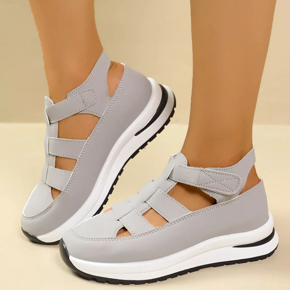 Shopimist cutout round toe platform sandals showing beige straps and chunky sole on a neutral background.