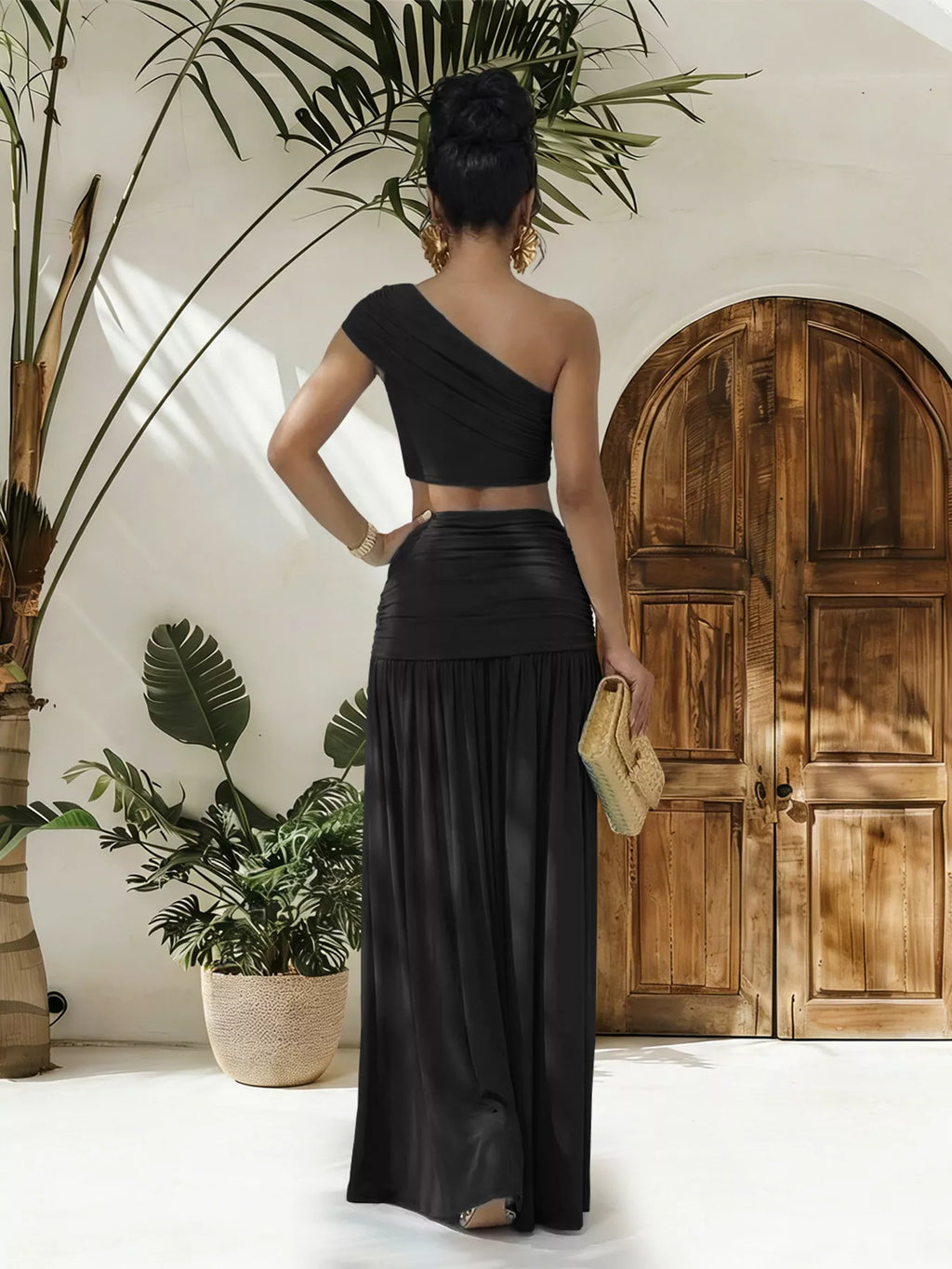 Plush Fashion Hub one-shoulder top and ruched maxi skirt set, stylish black tops and flowy skirt, perfect for chic summer outfits.