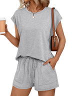 Women's soft round neck cap sleeve lounge set with drawstring shorts from Plush Fashion Hub, shown in a comfortable 2-piece outfit.