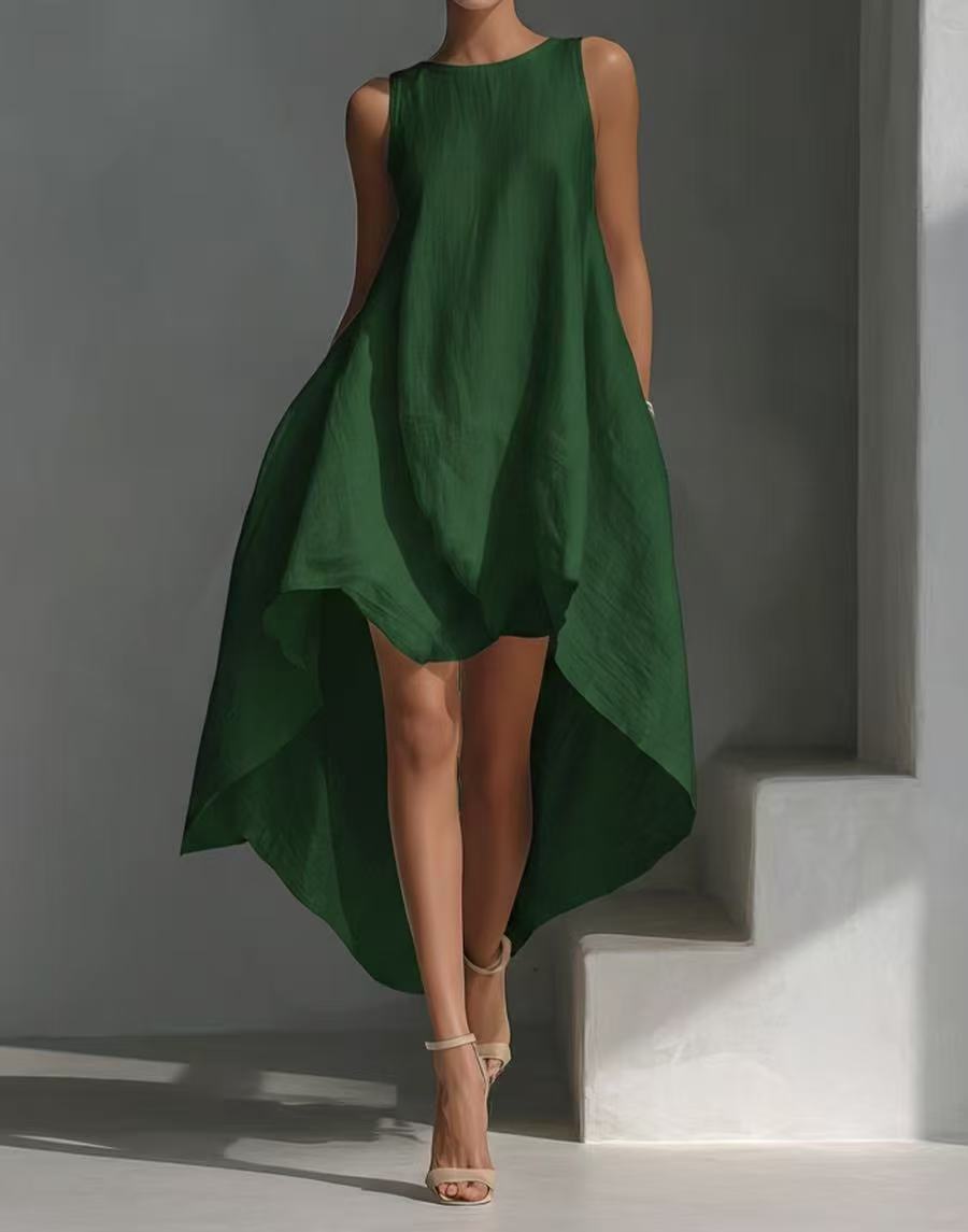 Women's sleeveless high-low linen blend summer dress with irregular hem, casualwear by FitiqueFit, displayed on a hanger.