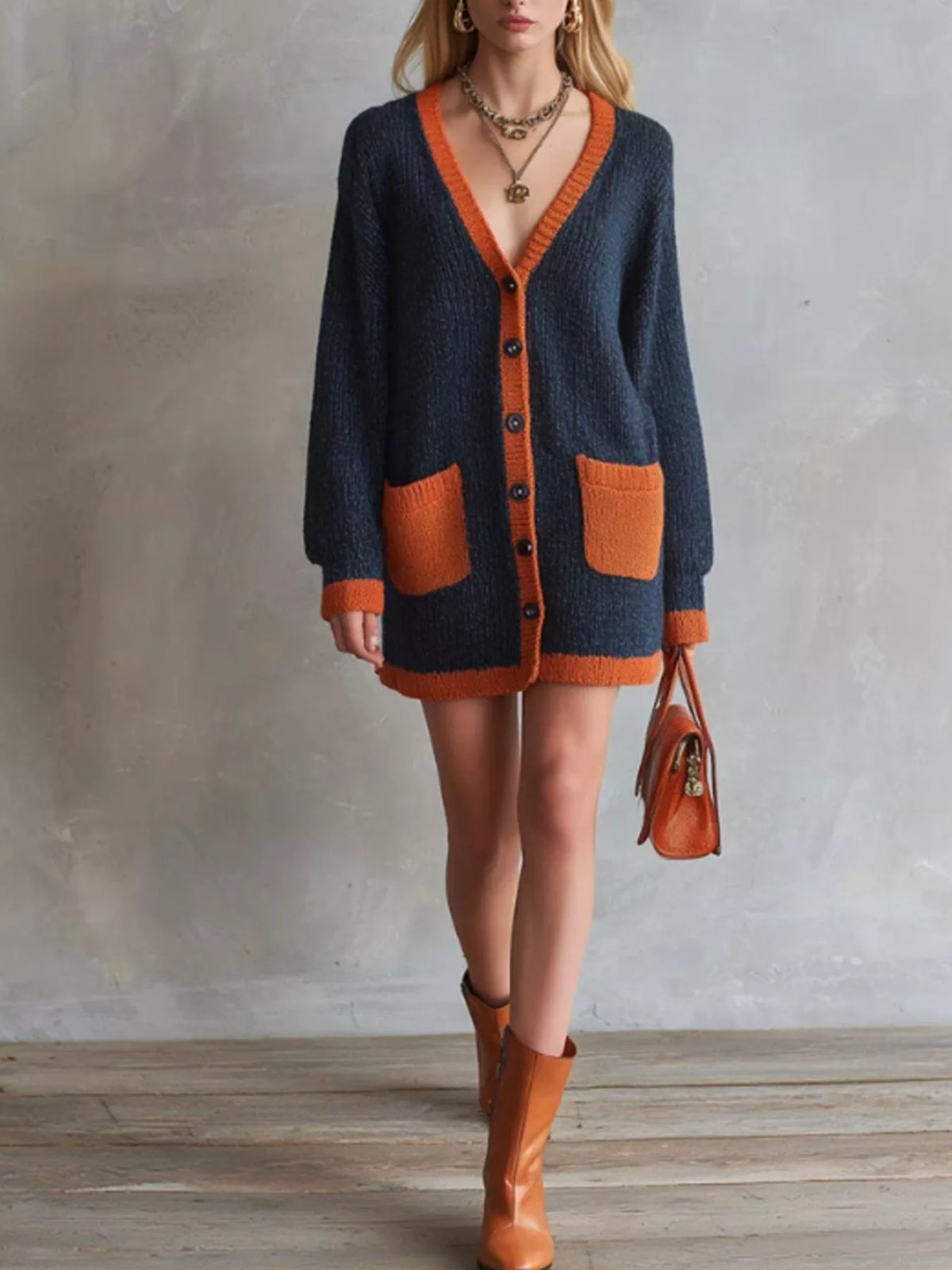 Color-block V-neck button-down knit cardigan by Trendsi, featuring bold color panels and a classic V-neck design.