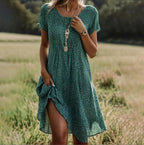 FitiqueFit ethnic print midi dress with scoop neck, featuring a geometric boho pattern and flowing silhouette.