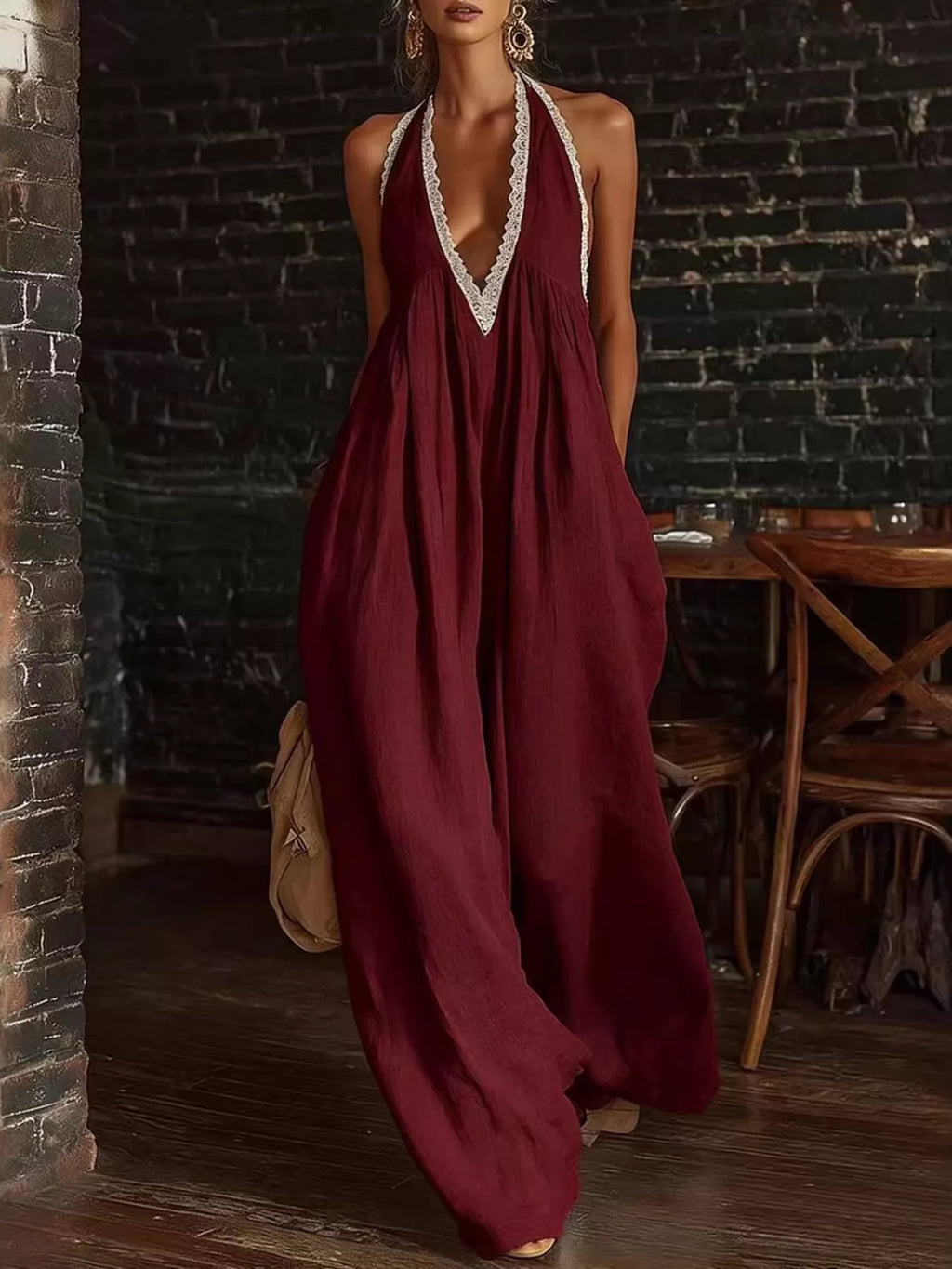 Plus size Shopimist halter neck jumpsuit with lace trim and wide-leg design, full-length and stylish for casual or dressy occasions.