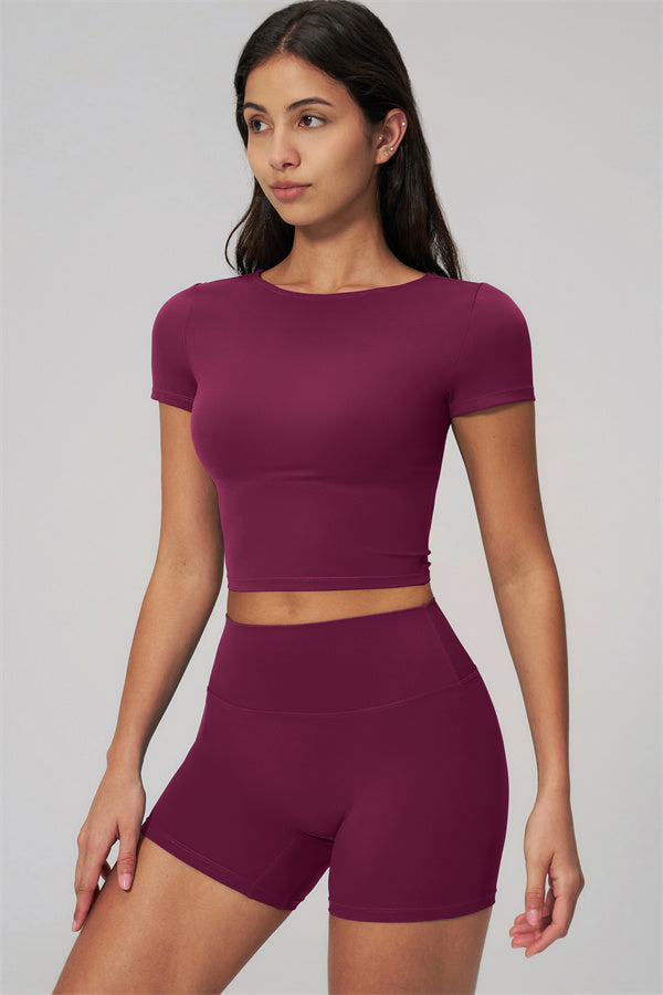 Fitglutes Activewear Rapture T-shirt and shorts 2-piece set, gymwear and sportswear, casual workout clothes, front view.