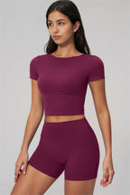 Fitglutes Activewear Rapture T-shirt and shorts 2-piece set, gymwear and sportswear, casual workout clothes, front view.