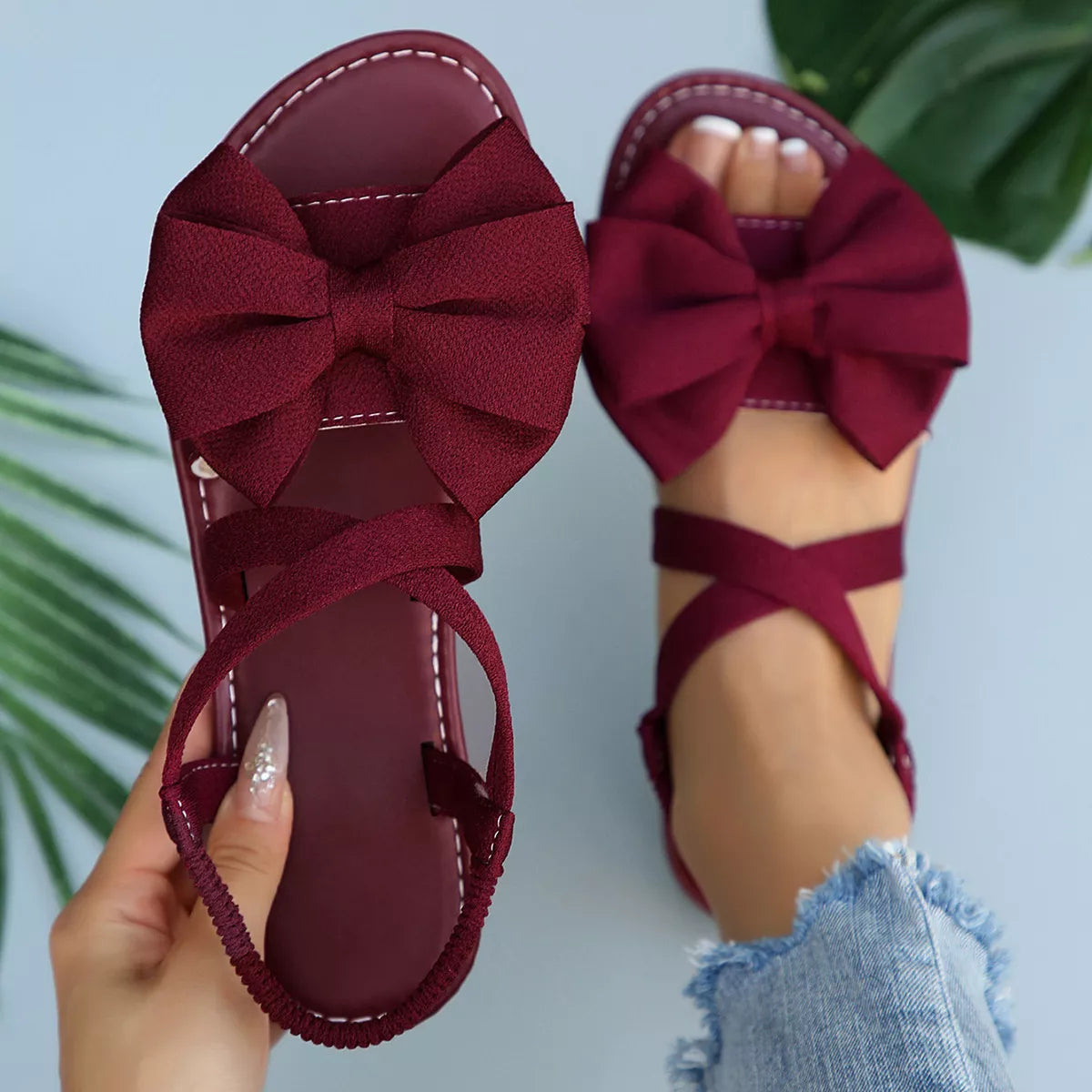 Shopimist bow embellished flat sandals with decorative bows and open toes, perfect for casual summer wear.
