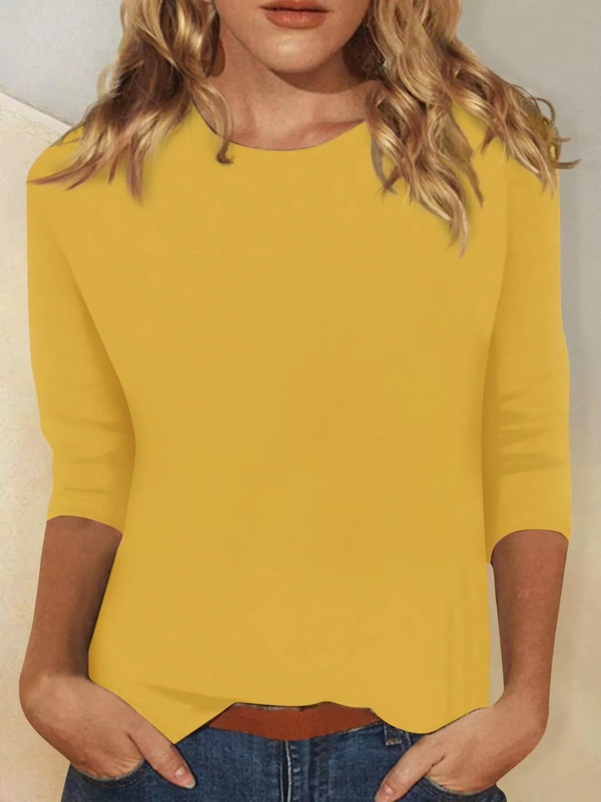 Solid color round neck T-shirt by Plush Fashion Hub, close-up of soft fabric and simple design in vibrant hue.