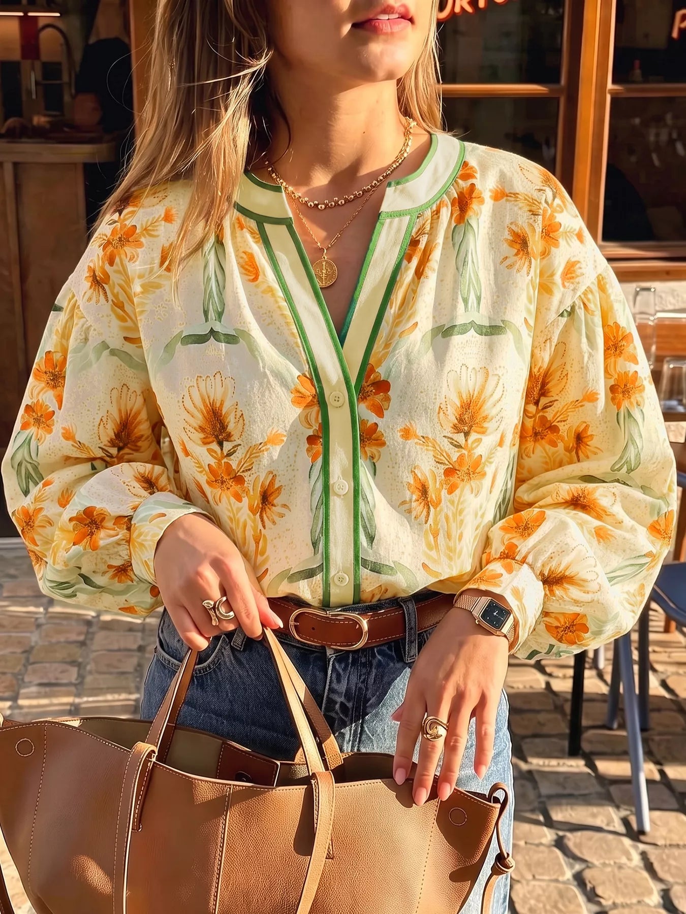 Floral print V-neck long sleeve blouse from Plush Fashion Hub with a feminine design and vibrant floral pattern.