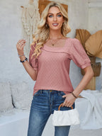 Plush Fashion Hub eyelet asymmetrical neck short sleeve T-shirt with unique neckline design, casual top for women.