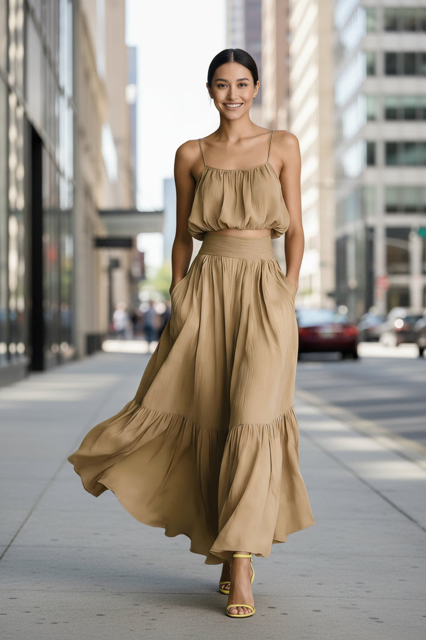 Women’s two-piece flared skirt set by FitiqueFit featuring a high-waist design, perfect for elegant casualwear.
