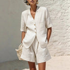 Women's cotton-linen loose-fit T-shirt and cropped shorts two-piece casualwear set by FitiqueFit, shown on a model.