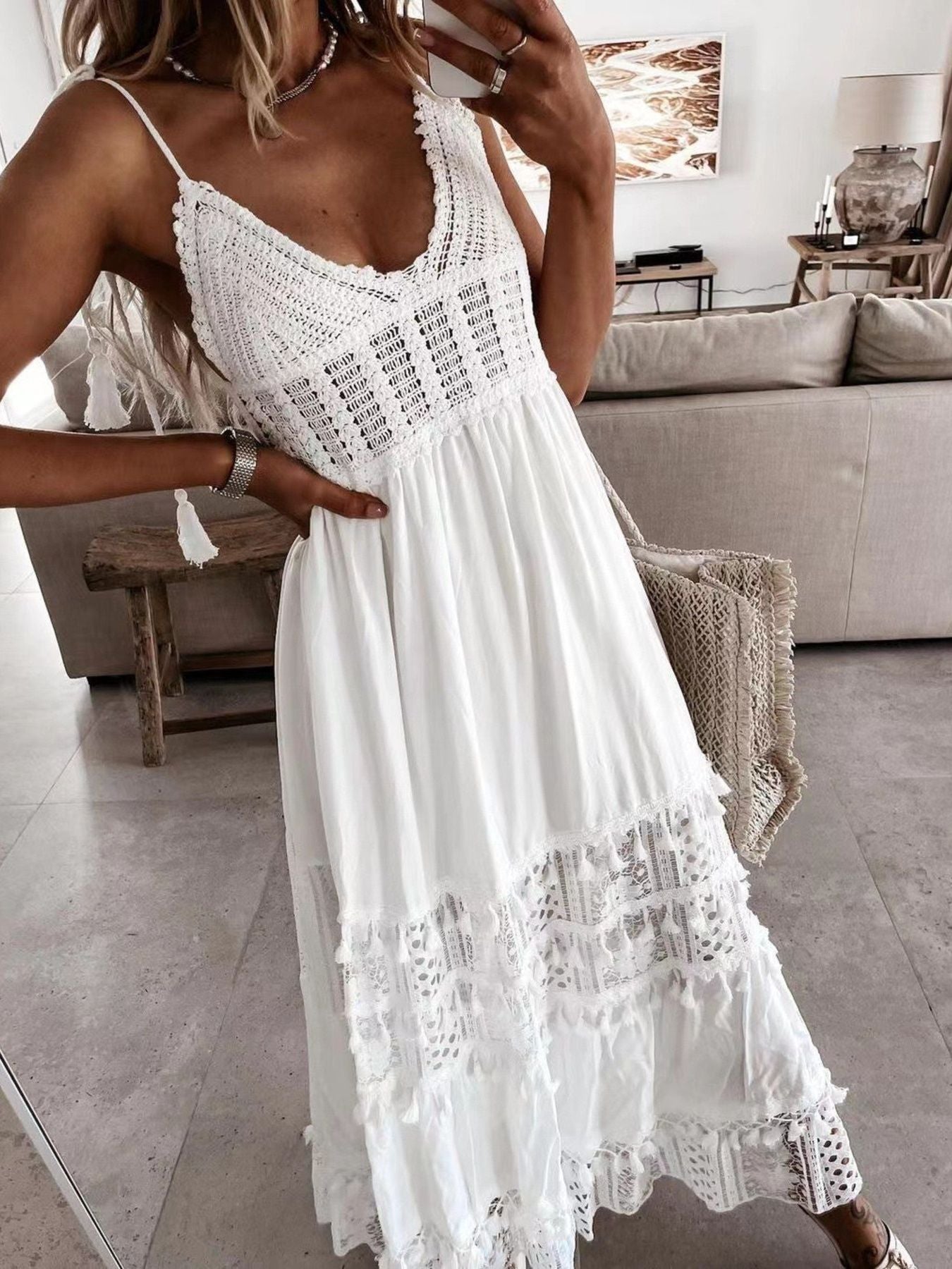 Plus size bohemian cami dress with crochet and tassel trim, flowy summer midi dress in a relaxed fit, stylish and comfortable.