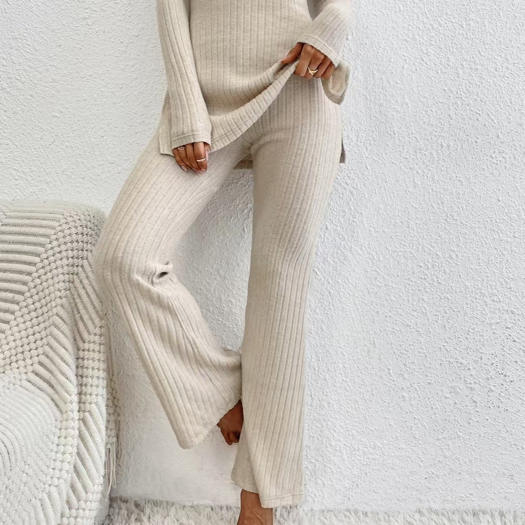 Women’s ribbed V-neck top and pants set in casualwear style, featuring a fitted, comfortable fit from FitiqueFit.