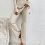 Women’s ribbed V-neck top and pants set in casualwear style, featuring a fitted, comfortable fit from FitiqueFit.