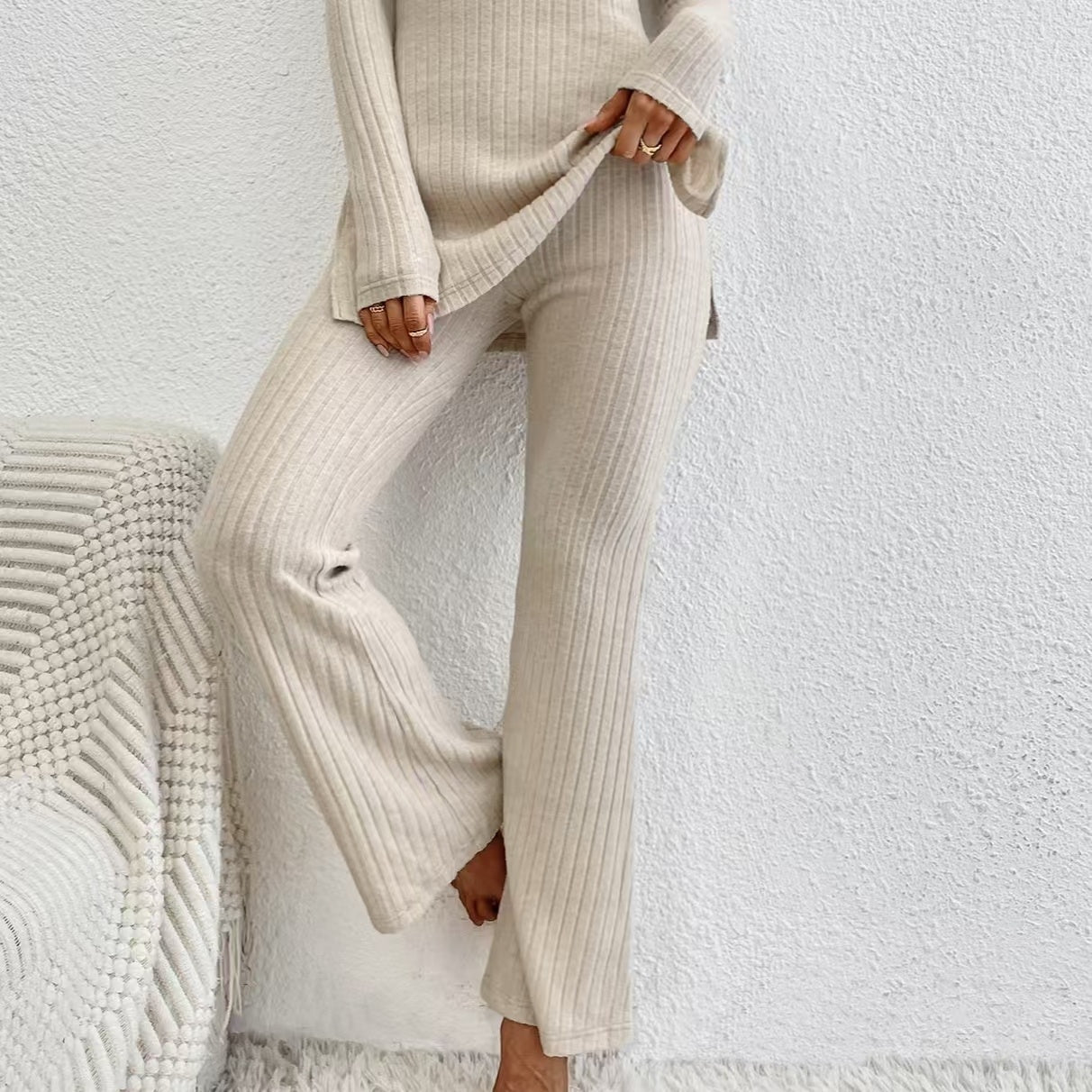Women’s ribbed V-neck top and pants set in casualwear style, featuring a fitted, comfortable fit from FitiqueFit.