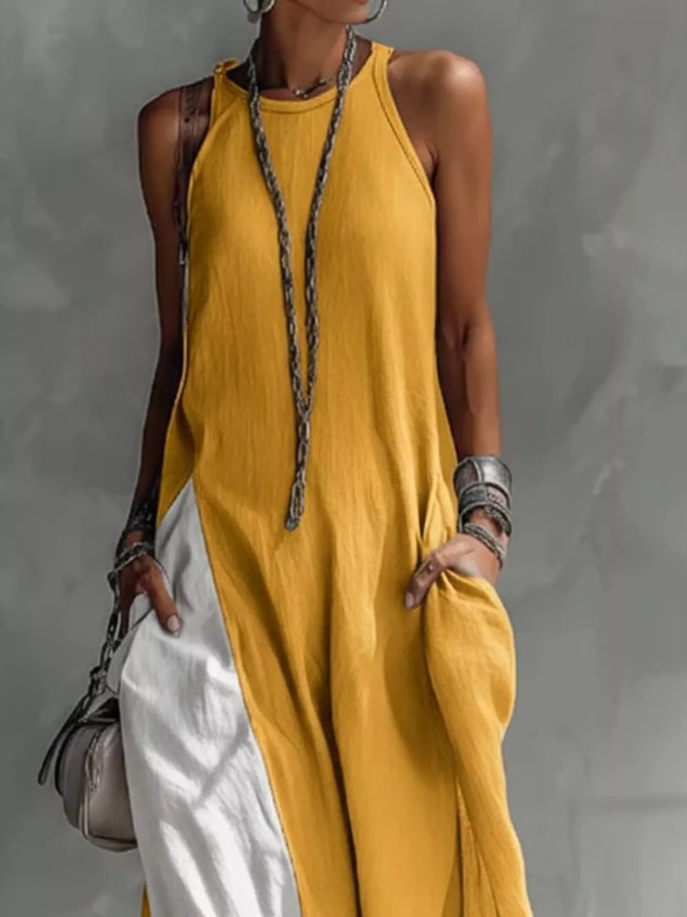 Two-tone sleeveless maxi dress by Plush Fashion Hub, elegant casual floor-length summer gown with a flowing silhouette.
