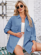 VYSN pocketed snap down dropped shoulder denim shacket with front chest pockets and relaxed fit, casual fashion outerwear.