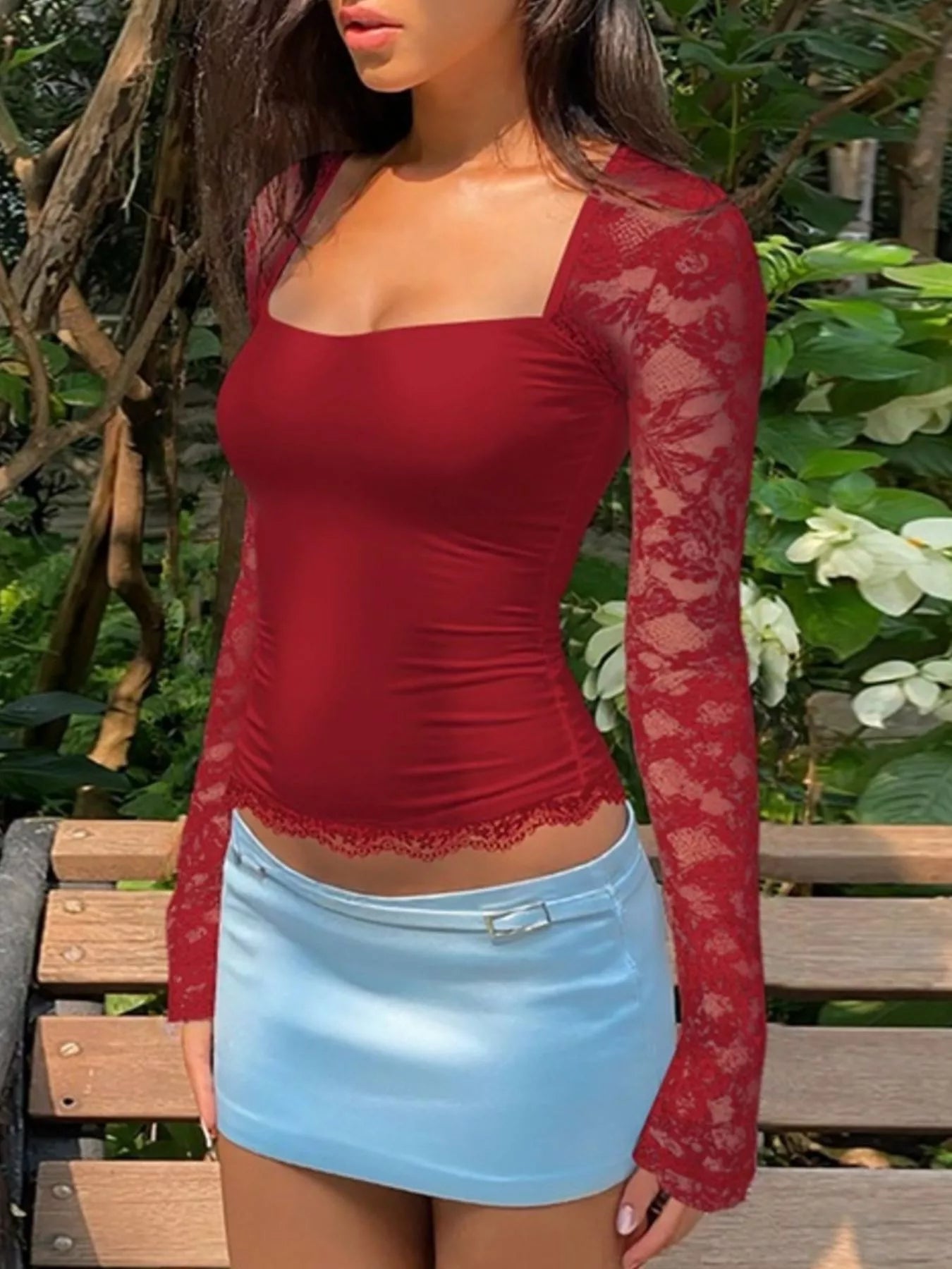 Sheer lace sleeve square neck T-shirt by Shopimist featuring a fitted design and elegant lace accents on the sleeves.