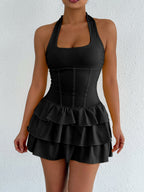 Halter neck ruffle layered dress from Plush Fashion Hub featuring a flowy design and stylish ruffle details.