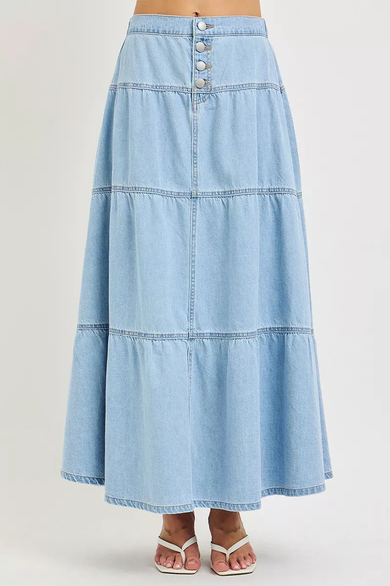Plush Fashion Hub RISEN high rise ruffle long skirt with layered fabric and flowing design, perfect for elegant everyday wear.