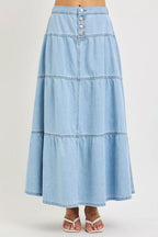 Plush Fashion Hub RISEN high rise ruffle long skirt with layered fabric and flowing design, perfect for elegant everyday wear.