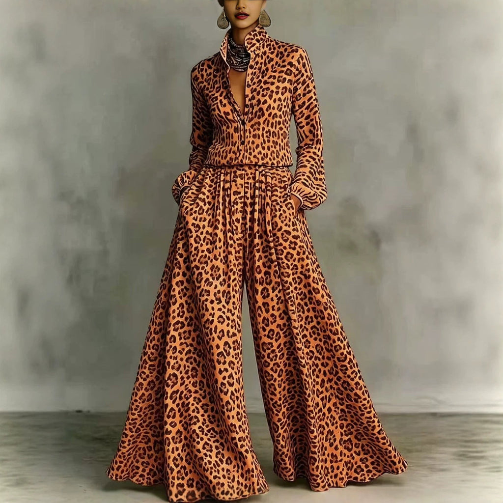 Leopard print wide-leg pants set for women, casual two-piece outfit by FitiqueFit, featuring a matching top and flowy pants.