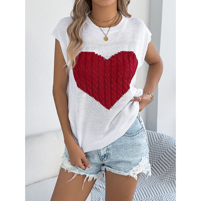 Women’s sleeveless heart color block knit top from Plush Fashion Hub, casual tank top featuring vibrant red, pink, and white colors.