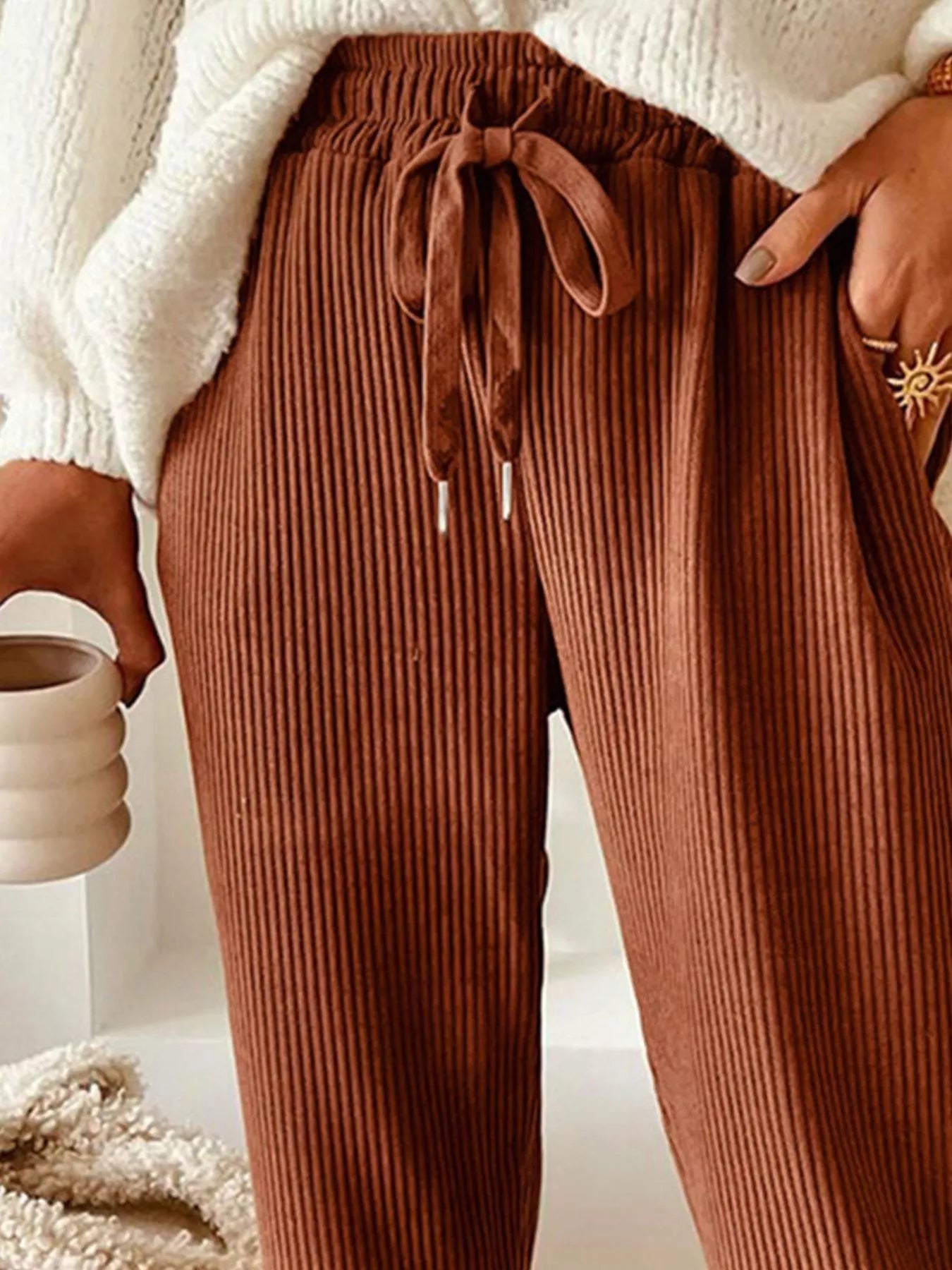 Plush Fashion Hub casual corduroy drawstring waist pants with rings, featuring a comfortable fit and stylish design.