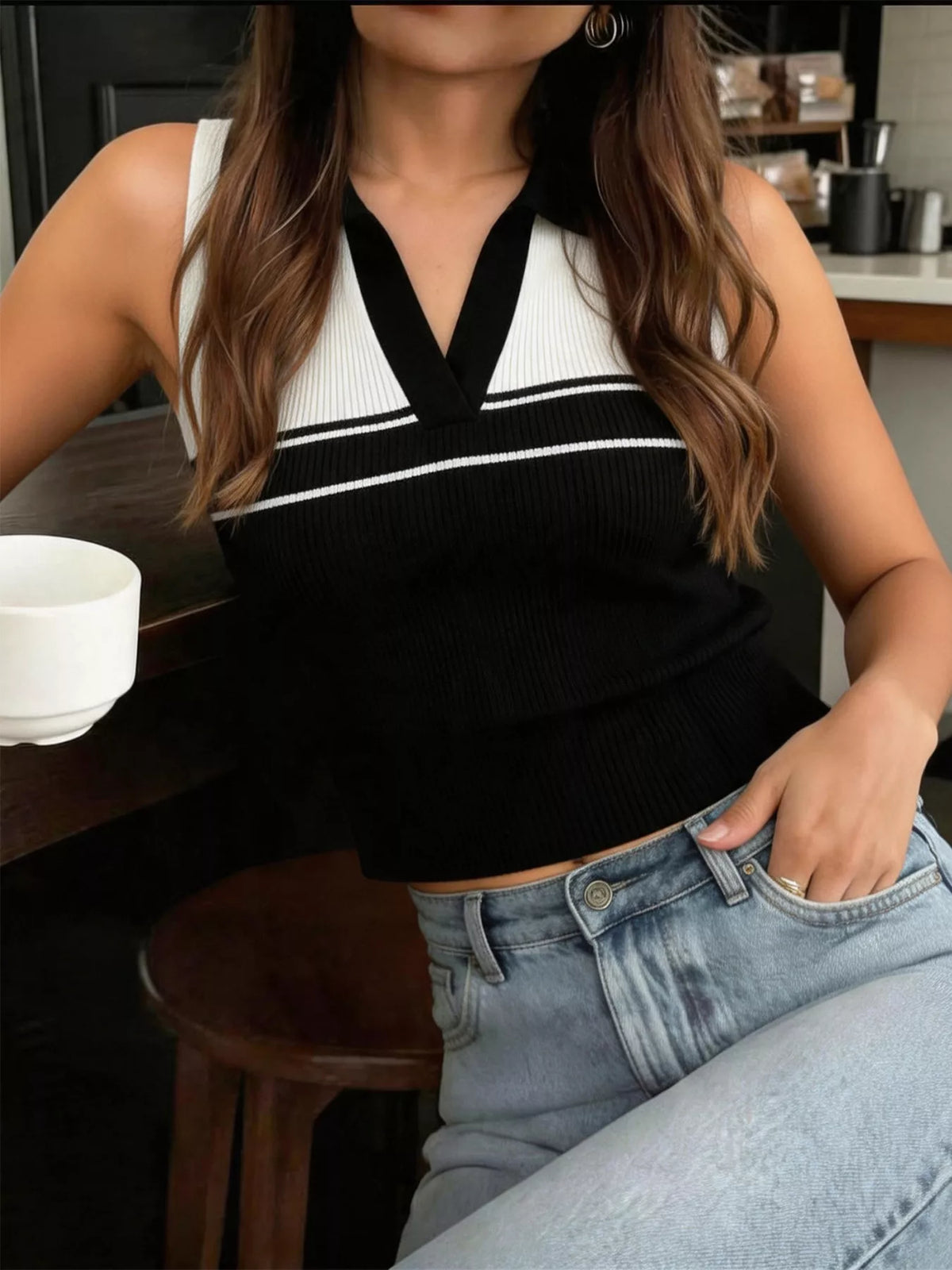 Striped knit sweater vest with contrast collar from Plush Fashion Hub, featuring a cozy, stylish design perfect for layered looks.