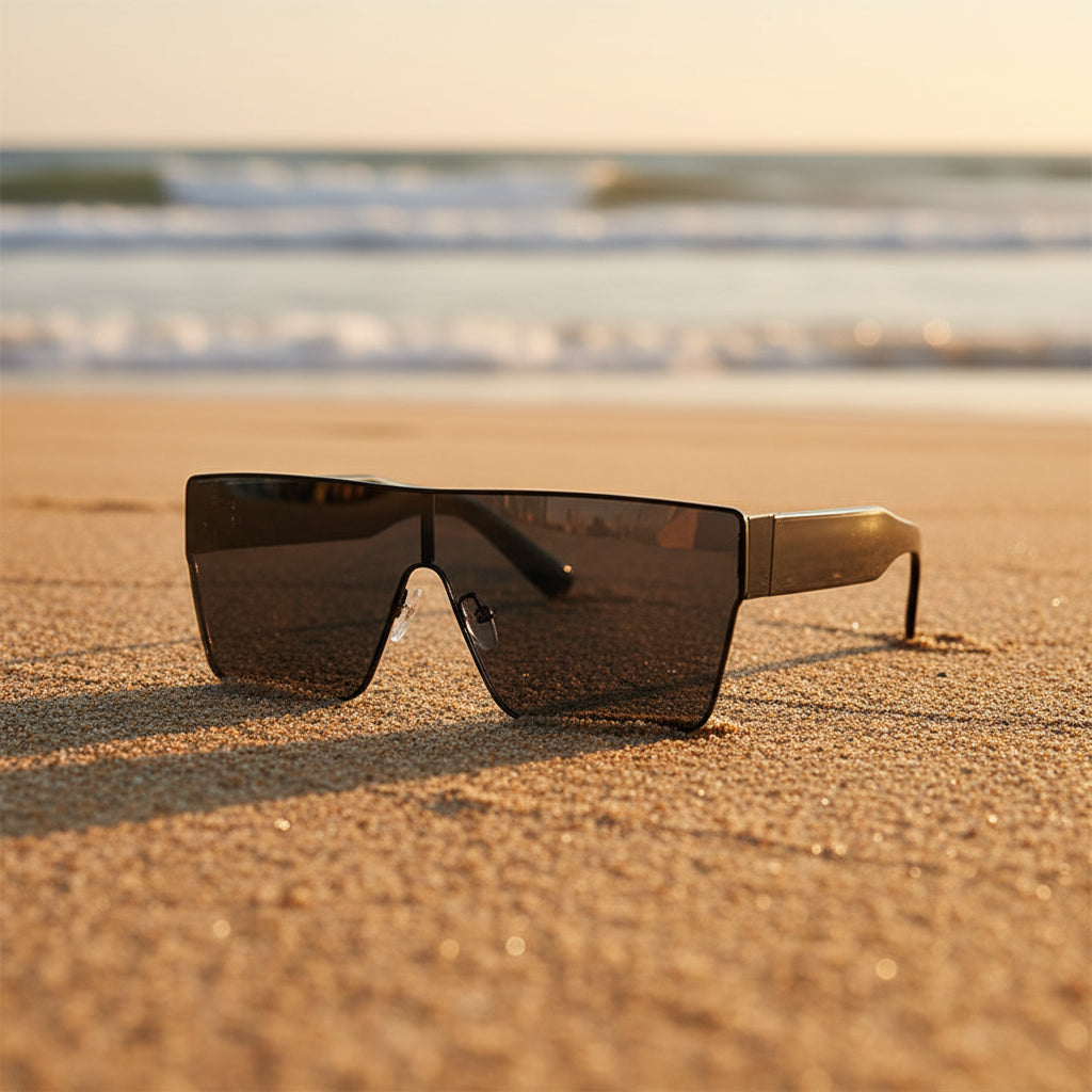 Square metal frame sunglasses by FitiqueFit, stylish hip-hop European fashion eyewear with sleek design and tinted lenses.