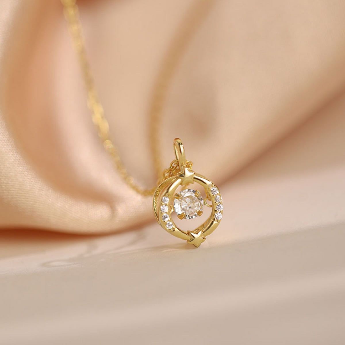 Gold-plated Zircon star circle pendant necklace with delicate chain, featuring sparkling star and circle design, from Plush Fashion Hub.