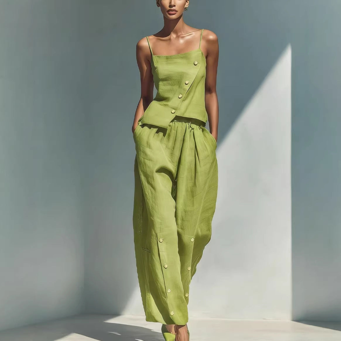 Women's casual gold-buckle camisole and pants two-piece set by FitiqueFit, featuring a relaxed fit and stylish design.