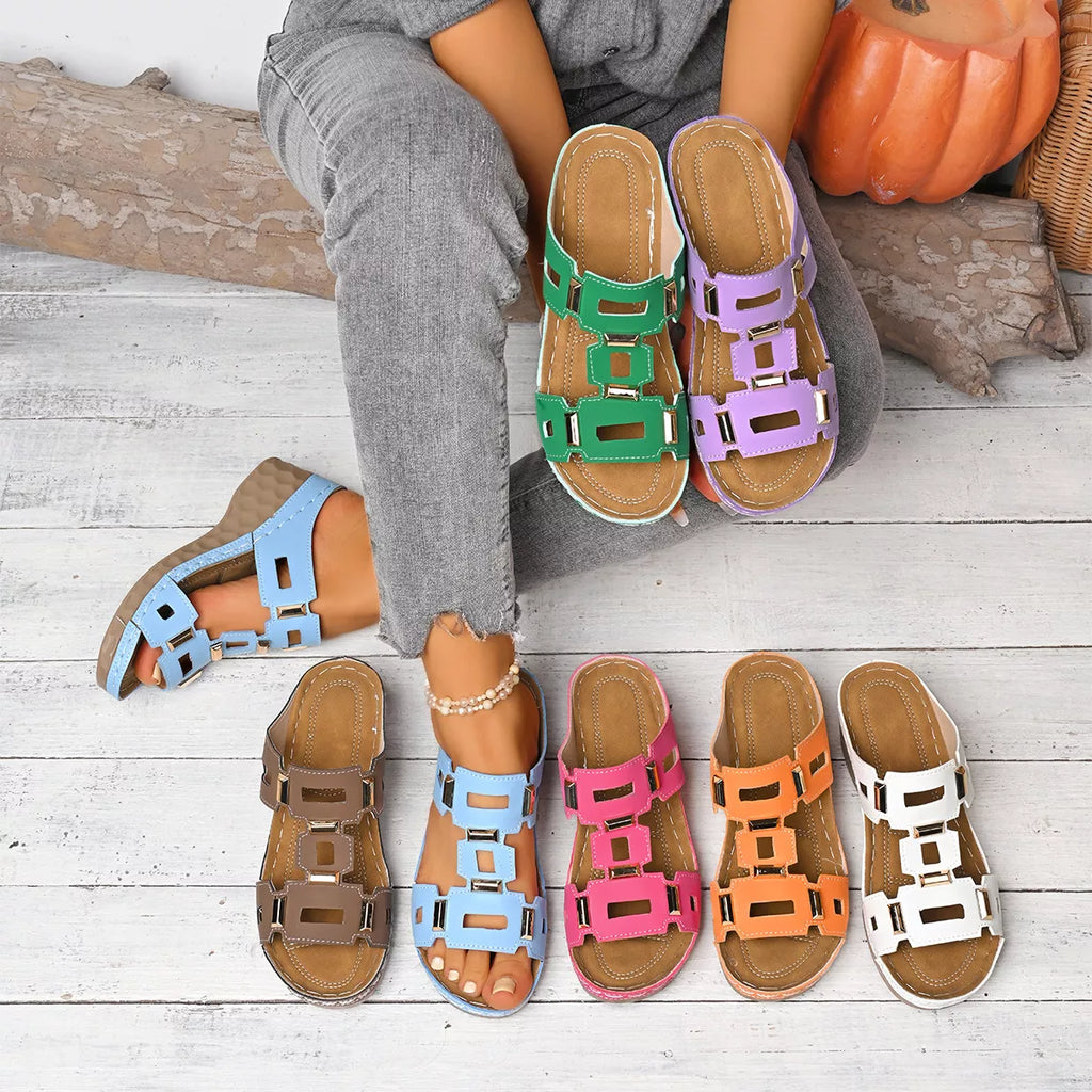 Shopimist open toe wedge sandals with tan leather straps and cork heels, perfect for summer and casual outings.